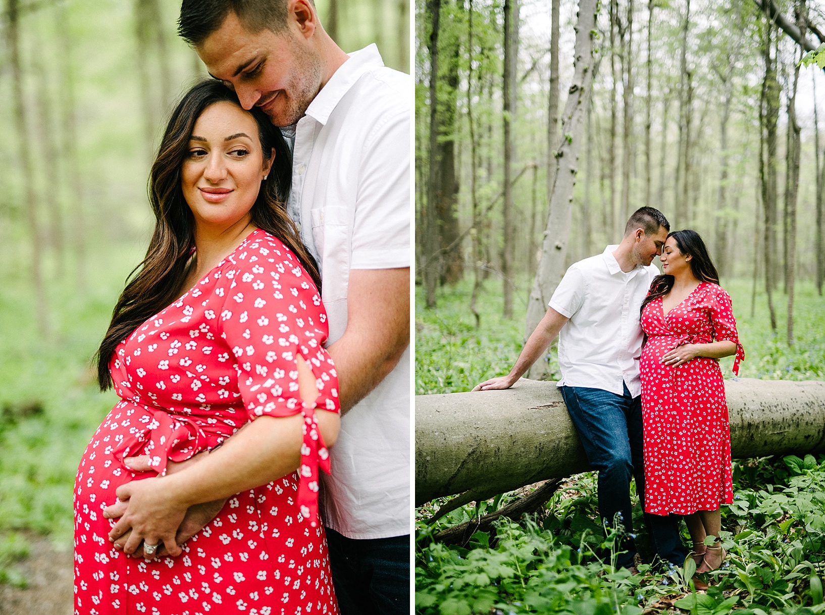 Husband and pregnant wife embrace in woods maternity photography