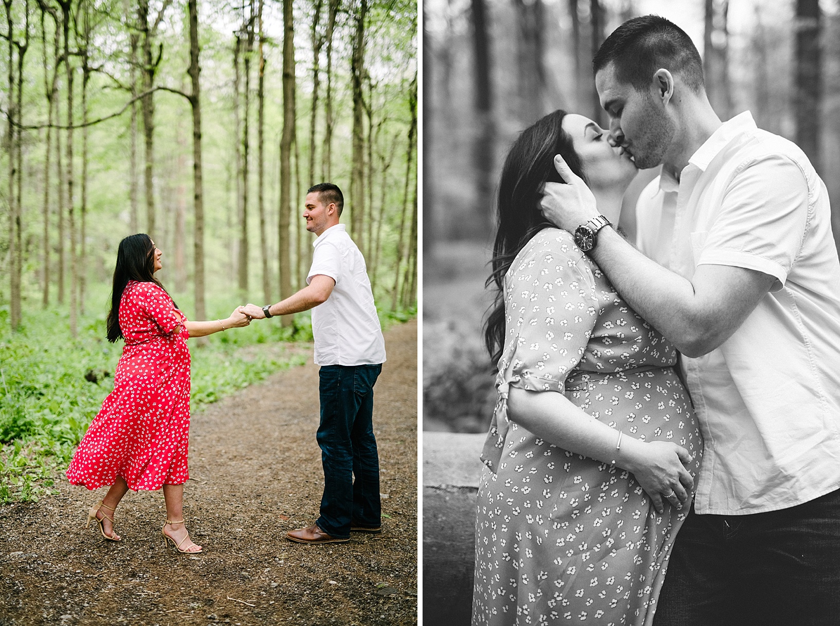 Husband and pregnant wife dance and kiss in woods maternity photography shoot