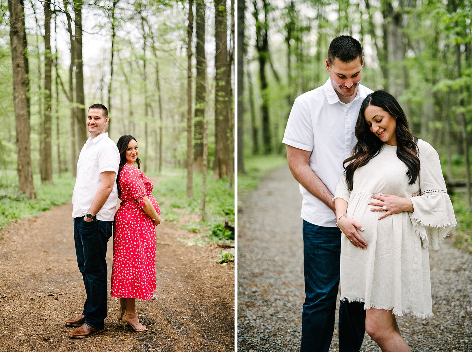 A couple smiling in woods during maternity photography shoot
