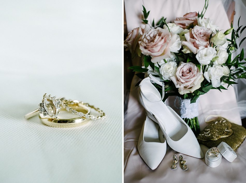 Light pink and white wedding flower bouquet, white heels, and brides jewelry