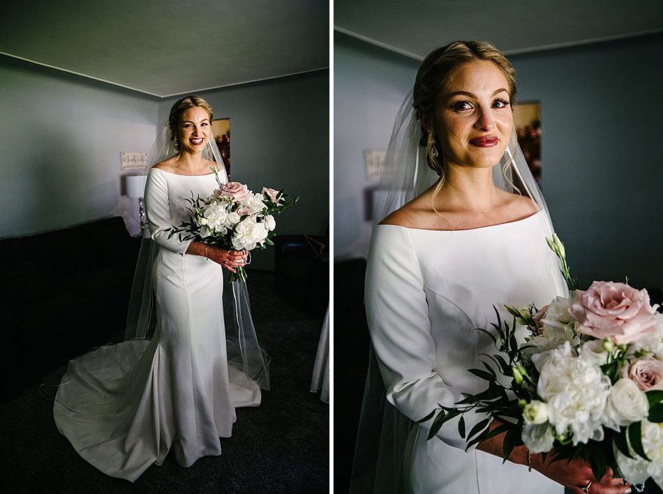 Bride smiles after getting ready for wedding ceremony Kidston Pavilion at the Mill creek Park Fellows Riverside Gardens