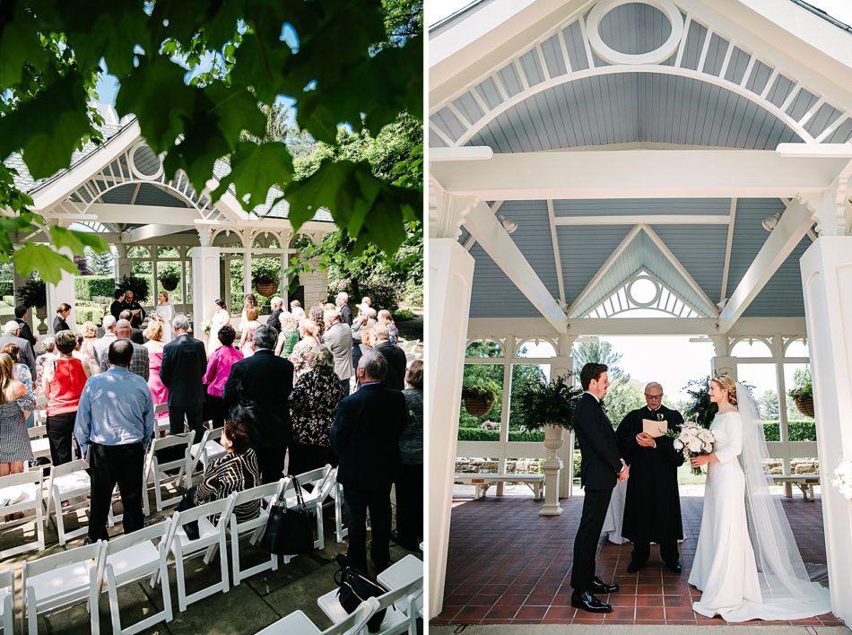 Bride and groom stand facing each other in ceremony at Kidston Pavilion at the Mill creek Park Fellows Riverside Gardens