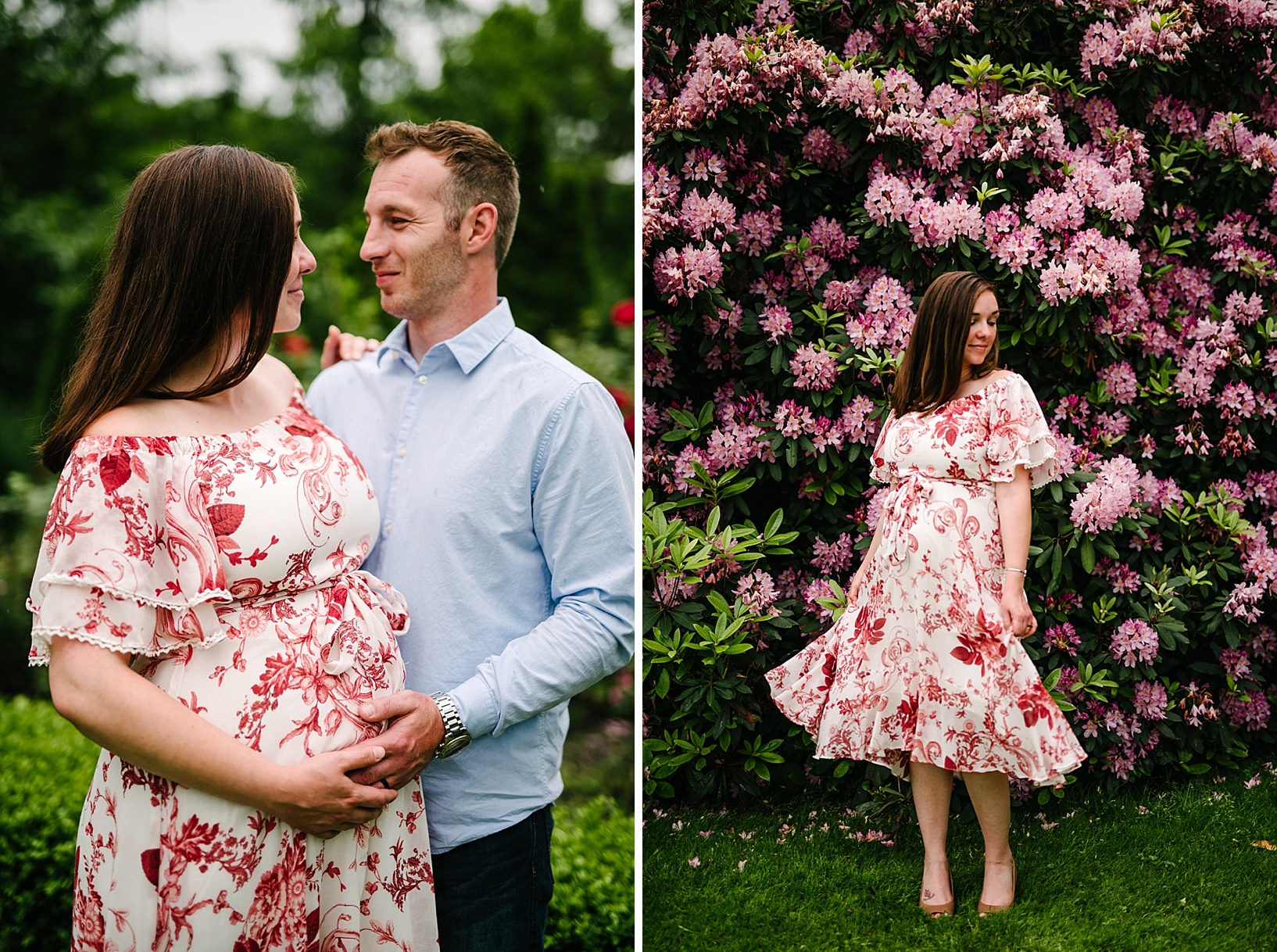Pregnant brunette woman spins her white and red floral dress in front of a giant bush of pink flowers during rainy maternity session