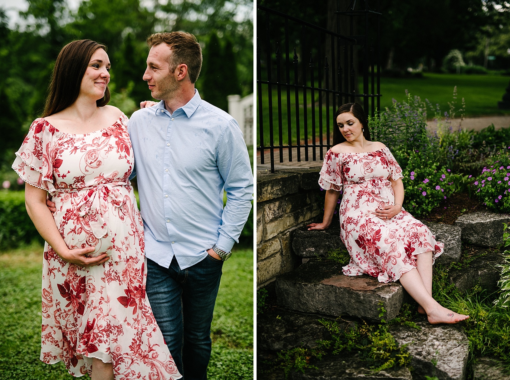 Woman in white and red floral dress holds her pregnant belly while she sits on stone steps during rainy maternity session