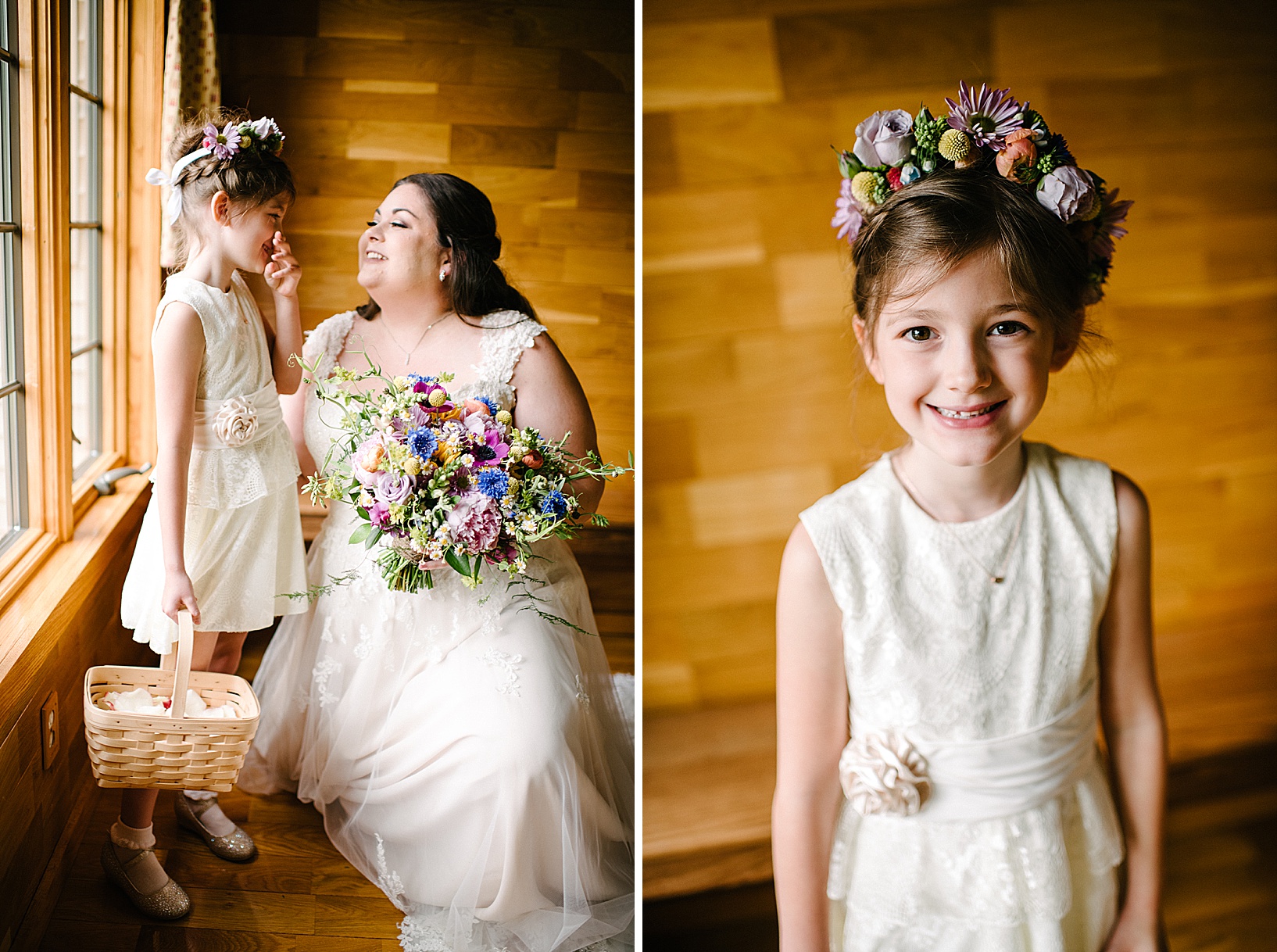 Bride and flower girl smile at each other while bride holds bouquet and flower girl wears matching flower crown