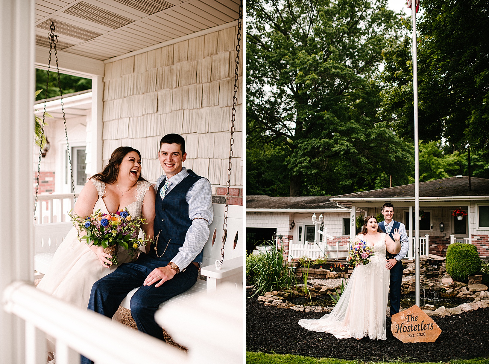 Groom and bride laugh on white swing of their new front porch
