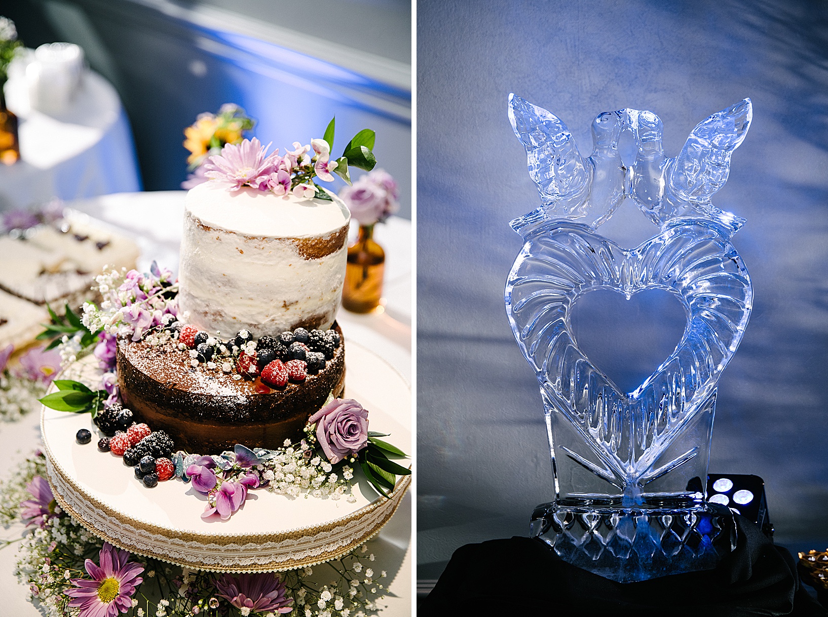 An wedding ice sculpture of two doves kissing on top of a large heart