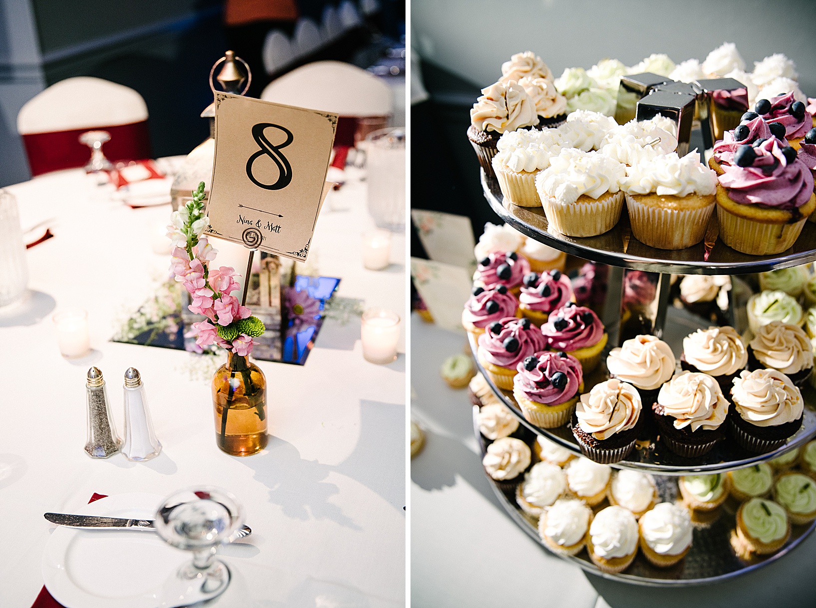 An assortment of different types and colors of wedding cupcakes