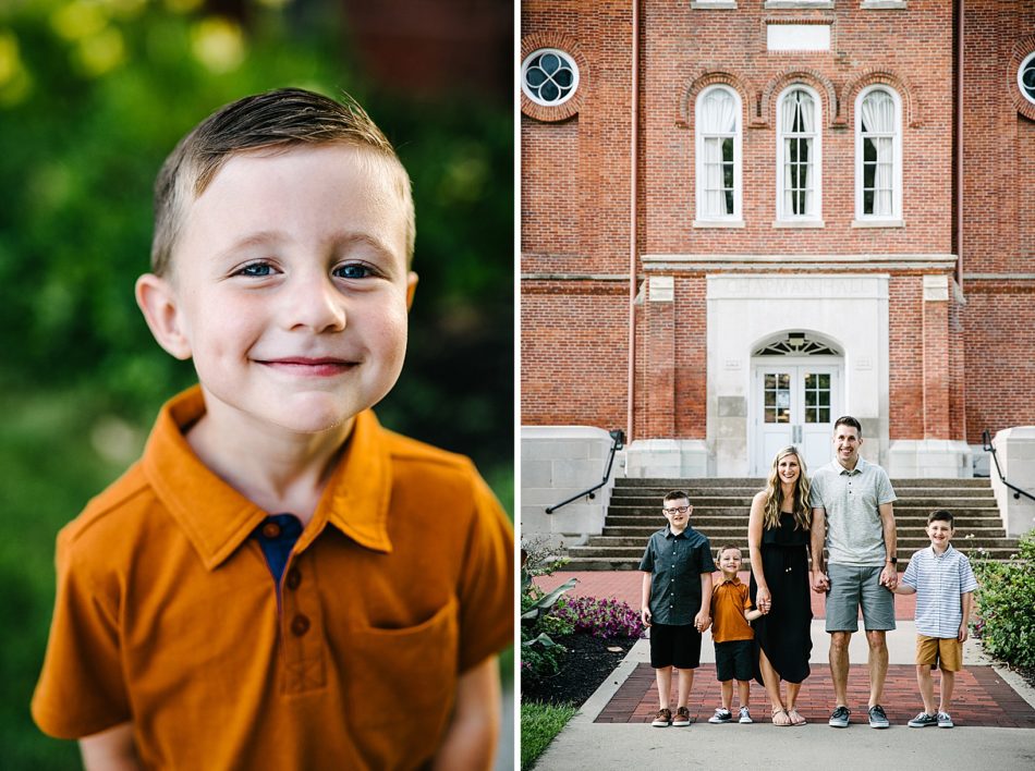 Family of five poses in front of red brick building at Mount Union.