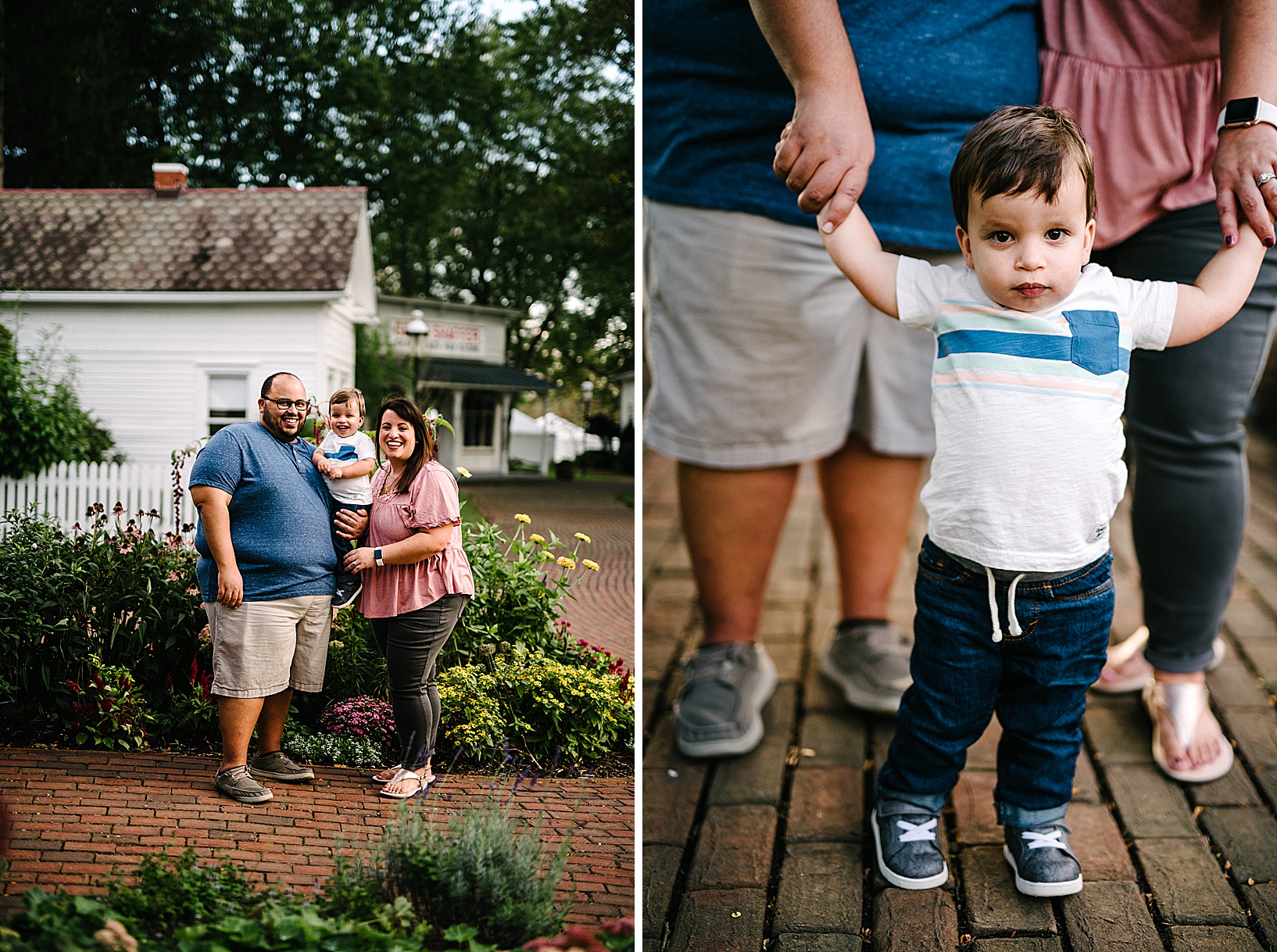 Young son stands on a brick pathway in front of his parents while they hold his hands in the background