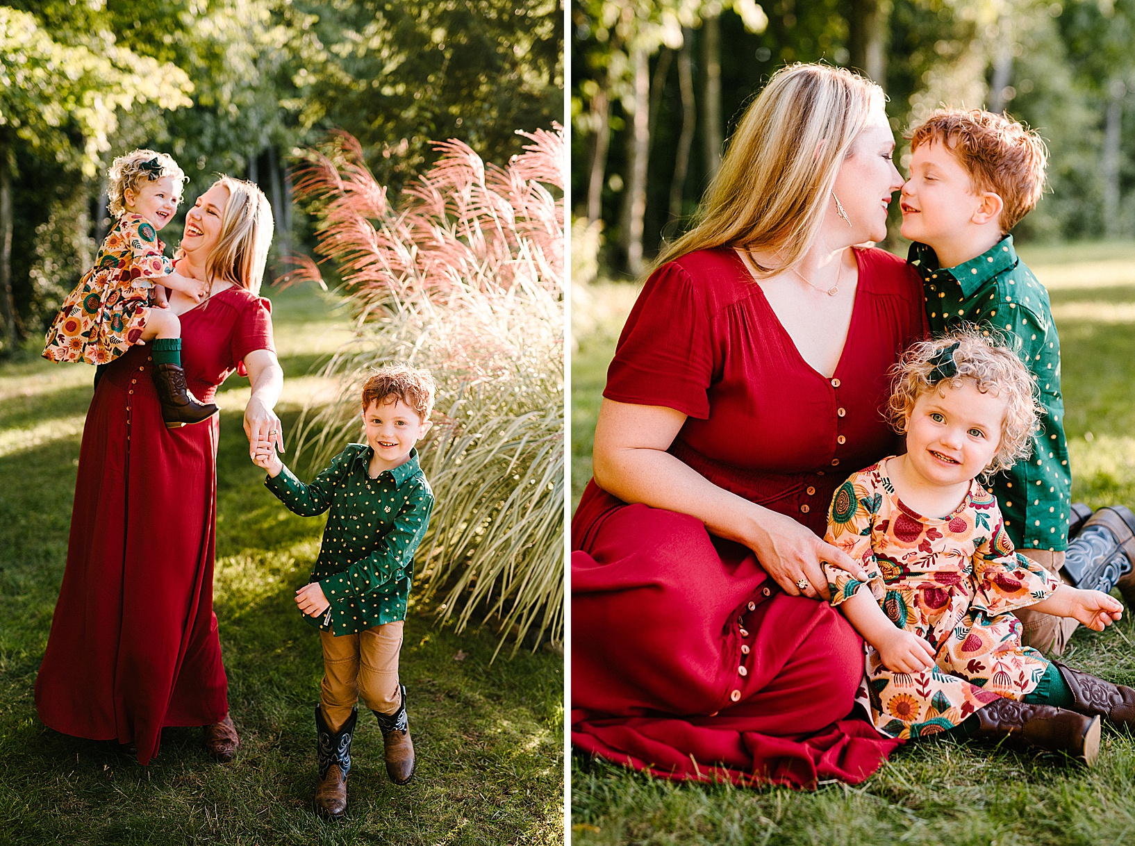 Blonde woman in red dress sits on the grass with her redheaded son and blonde daughter while touching noses with her son