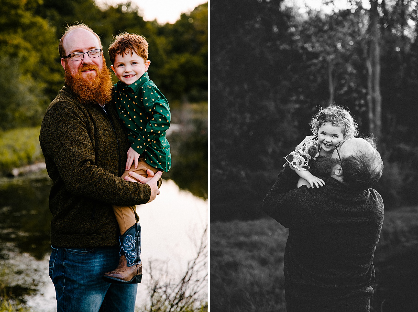 Red-bearded dad holds his red-headed son in cowboy boots in front of a lake during a fall family session
