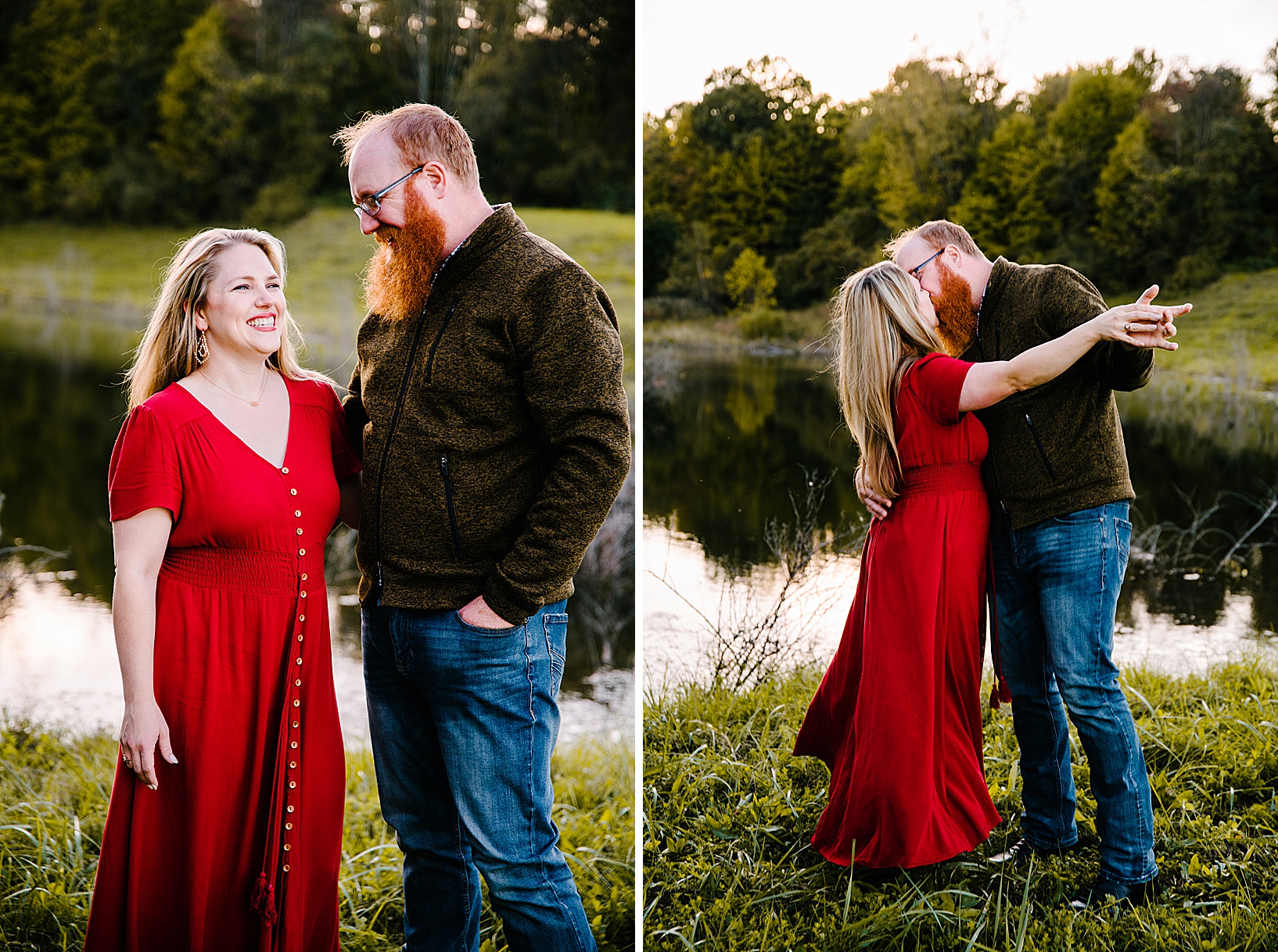 Blonde woman in long red dress and red-bearded man kiss in front of a dreamy lake during fall family session