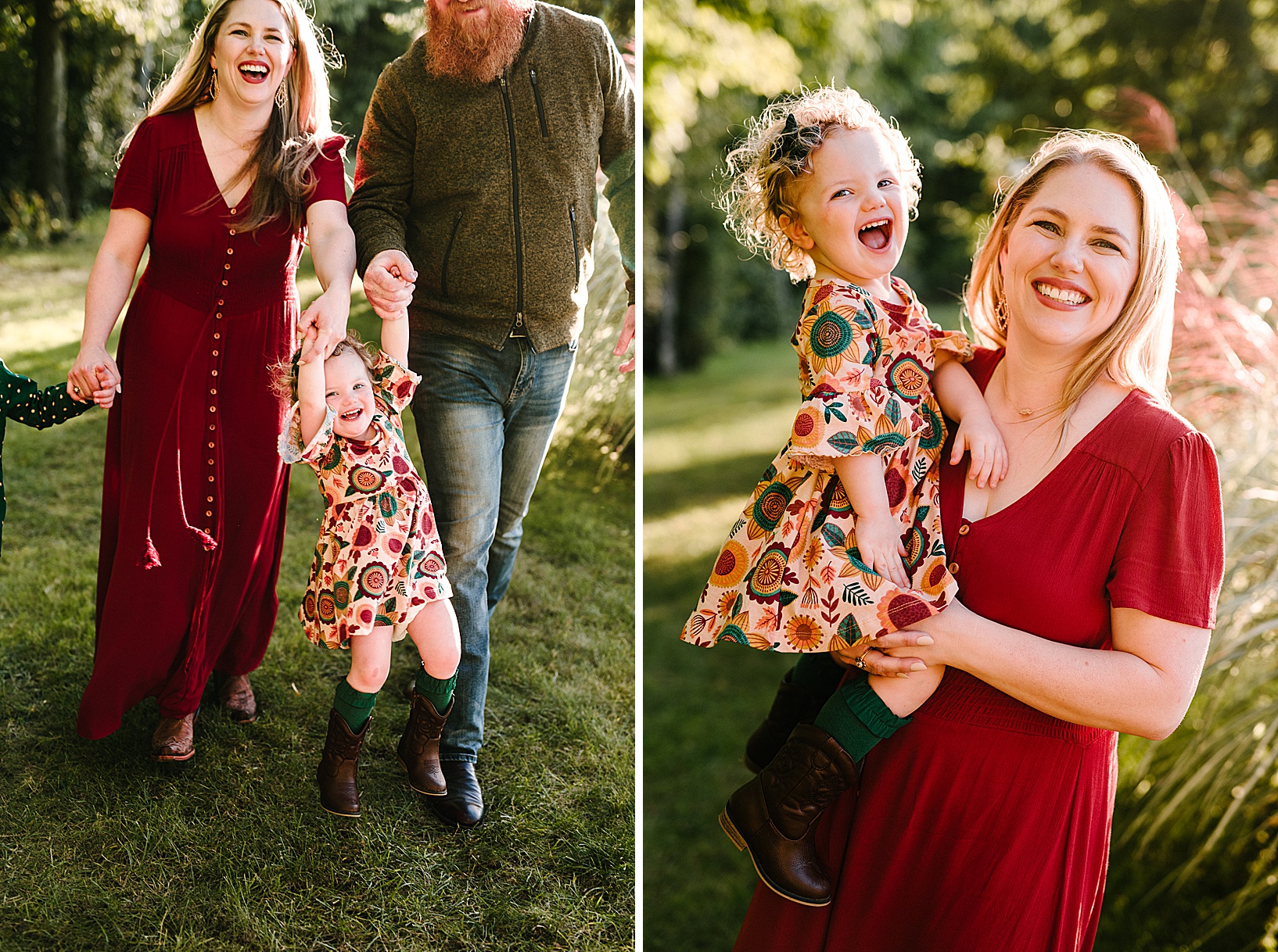 Blonde woman in red floor length dress and red-bearded man swing their toddler daughter between them during fall family session