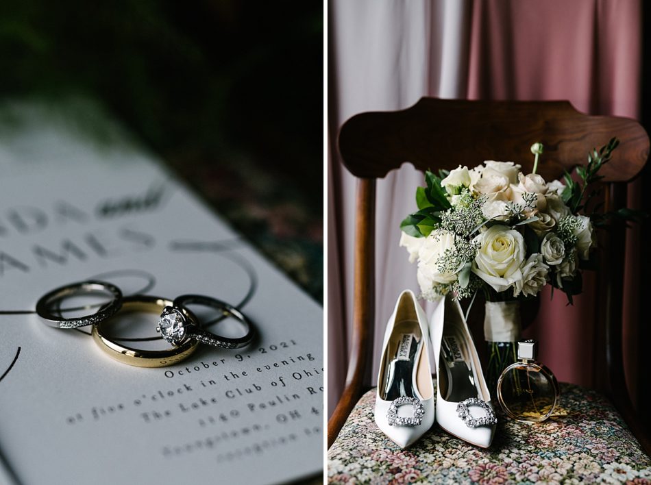 Bridal accessors including white heels with a diamond buckle, the white and pink rose bouquet, and perfume