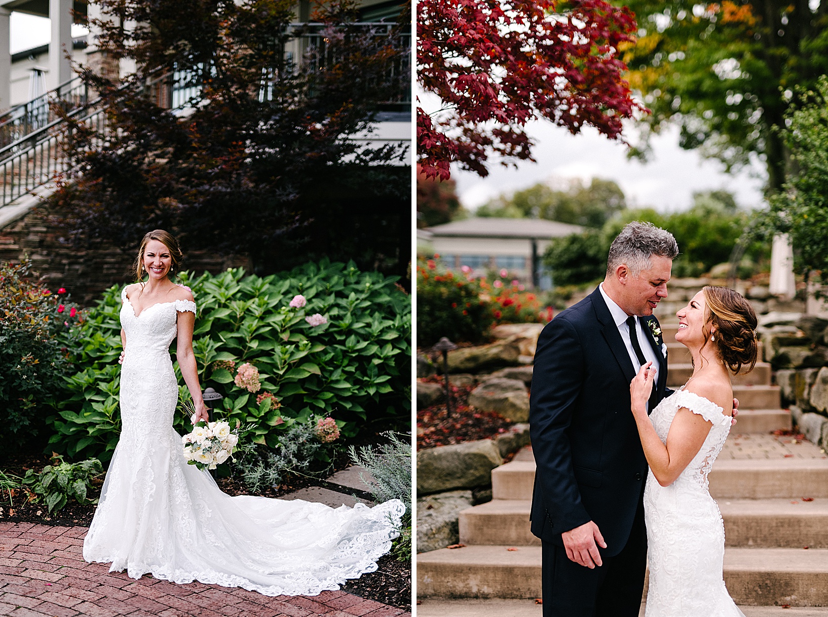 The bride and groom smile at each other with red fall foliage peaking through beside them