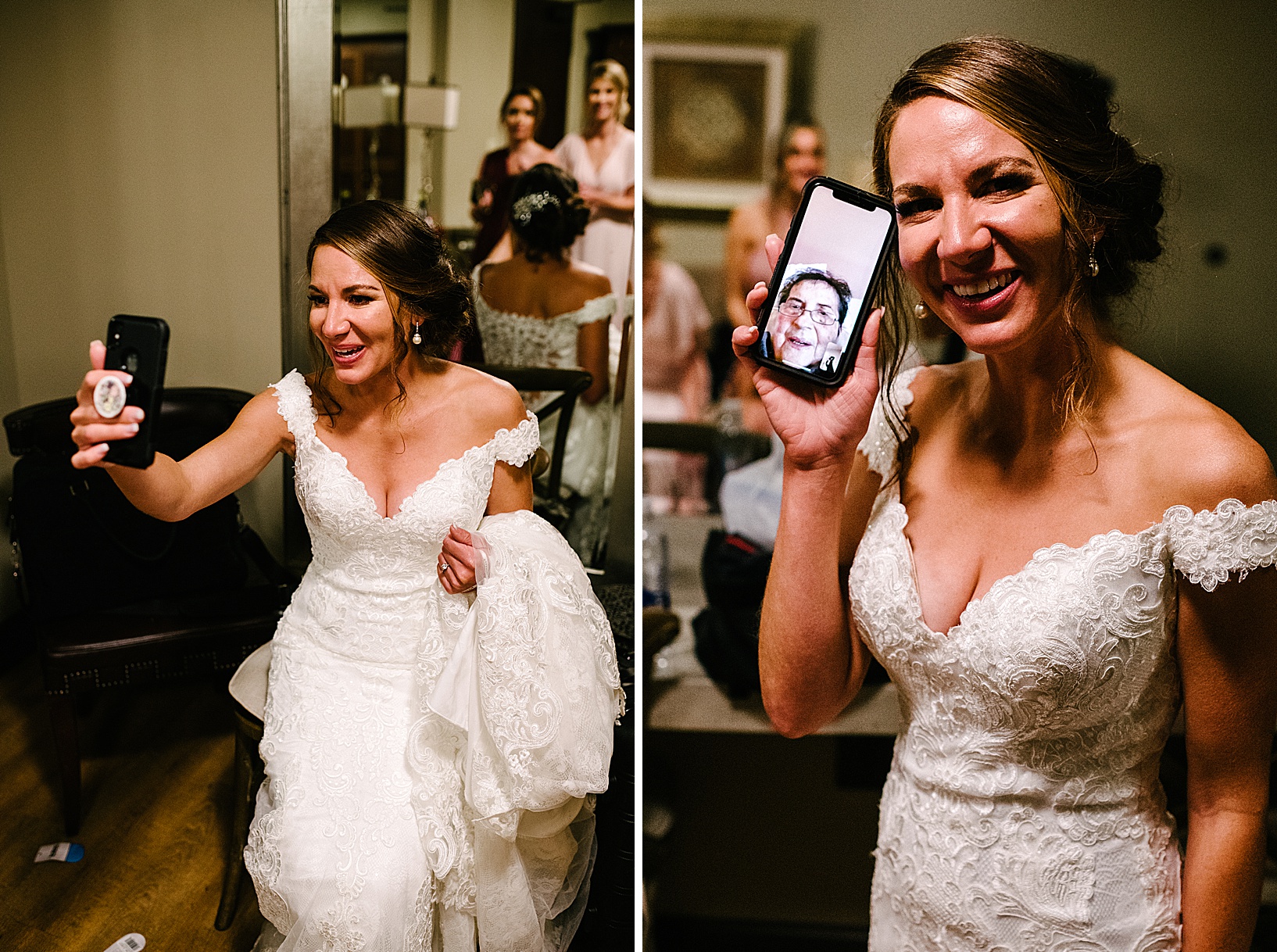 The bride facetiming with an older woman in her wedding dress