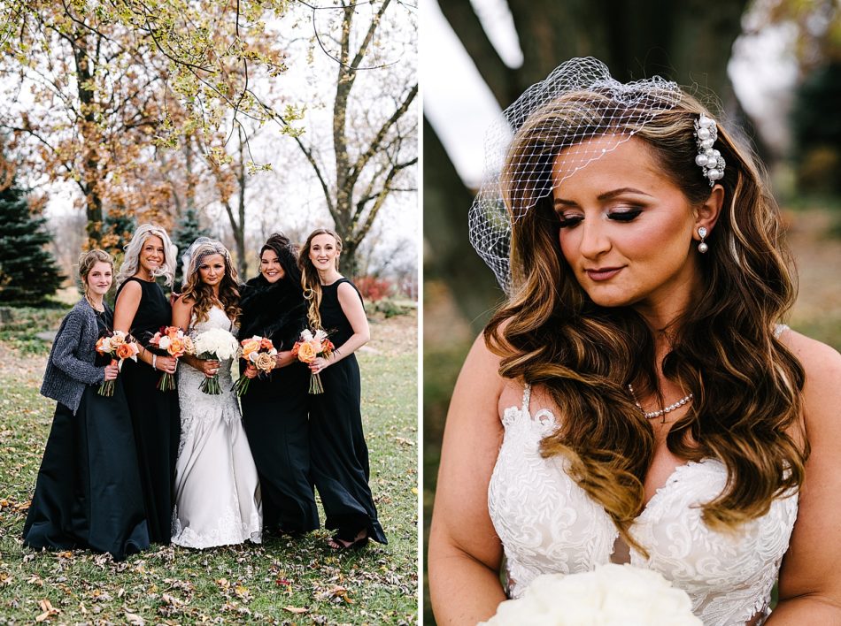 The Bride poses with her bridal party in dark green dresses.
