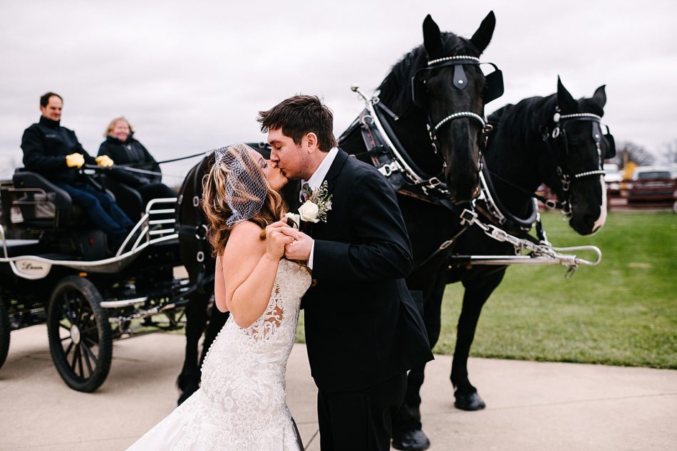 Bride and groom kiss in front of giant black horses with pearl studded bridles pulling a carriage.