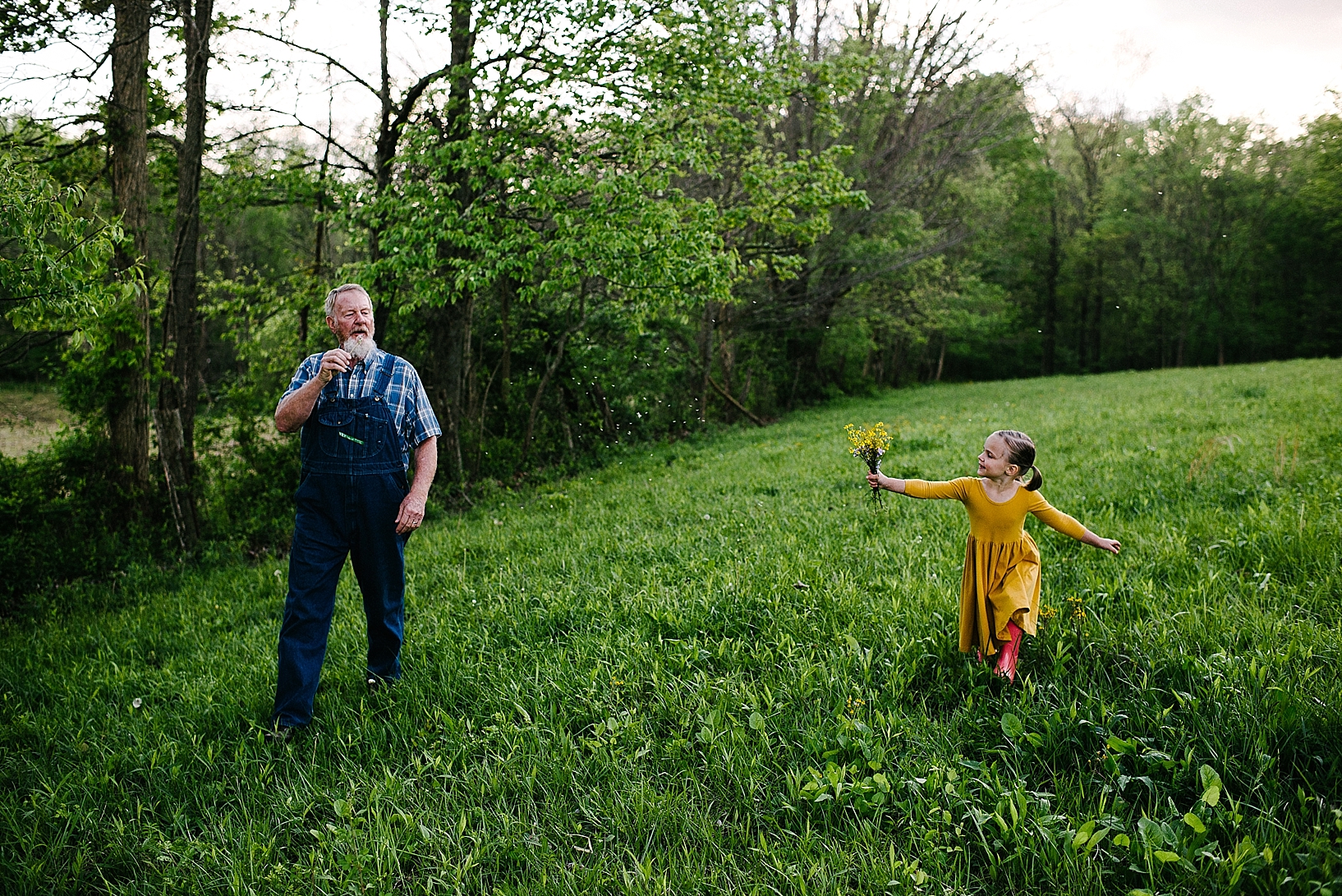 grandfather and granddaughter walking through field picking flowers