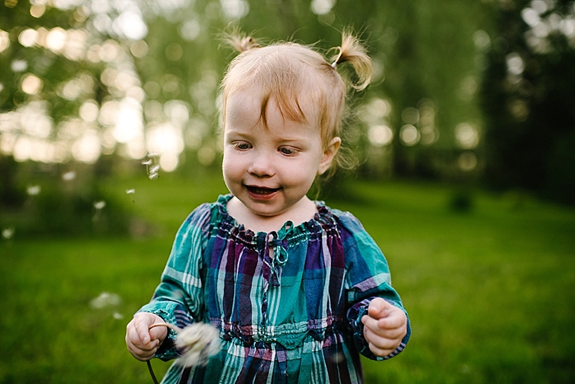 little girl with pigtails blowing a dandelion