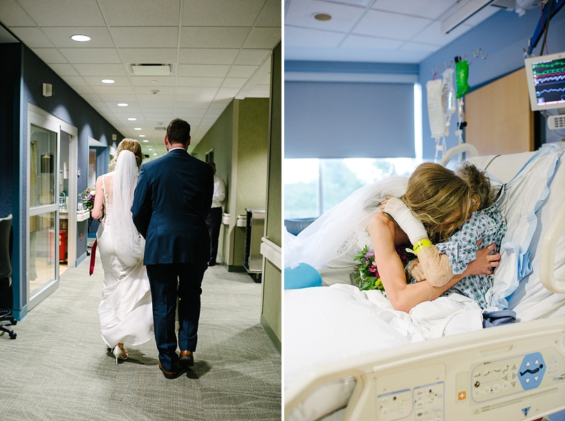 Bride and groom walking down hospital hall