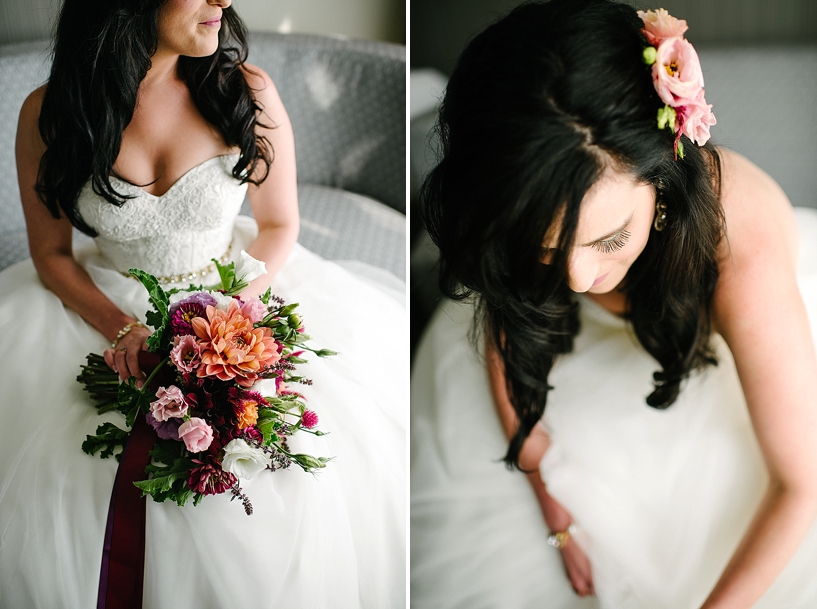 bride with dark hair and colorful bouquet
