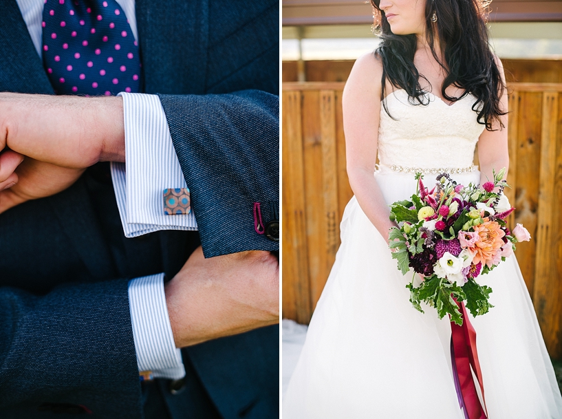 groom with cufflinks and bride with colorful bouquet