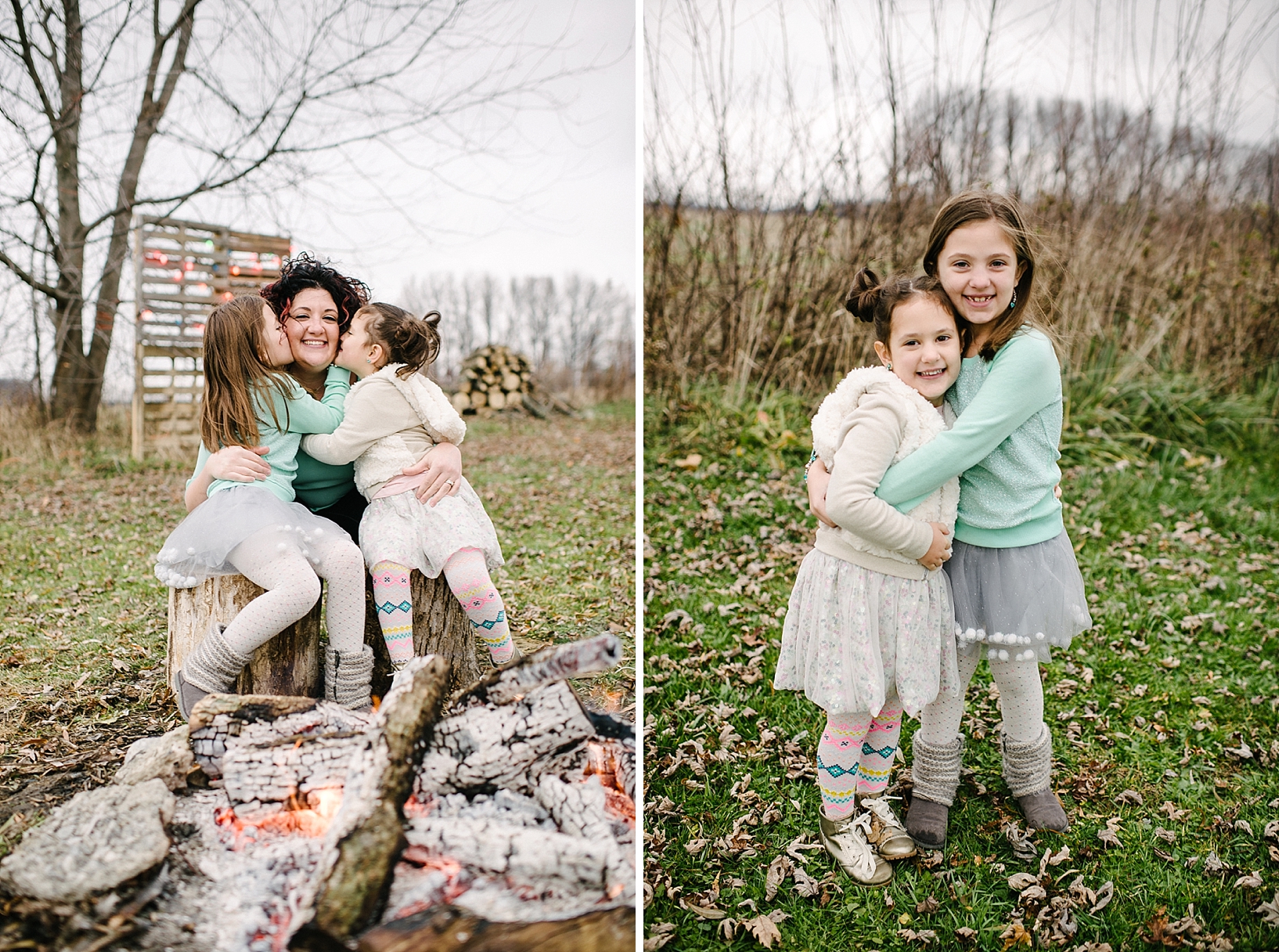 two sisters and their mom dressed in teal and silver winter outfits outdoors