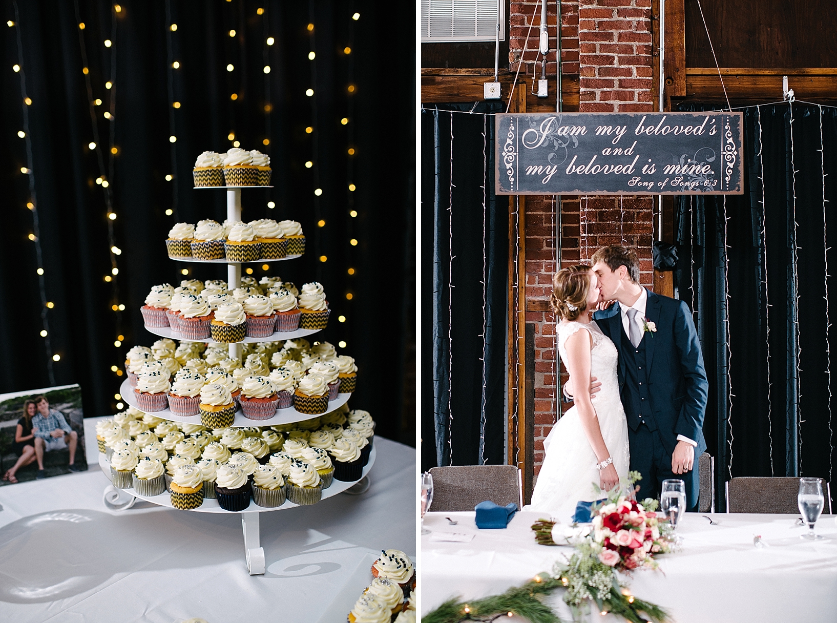 wedding cupcakes and bride and groom kissing at head table