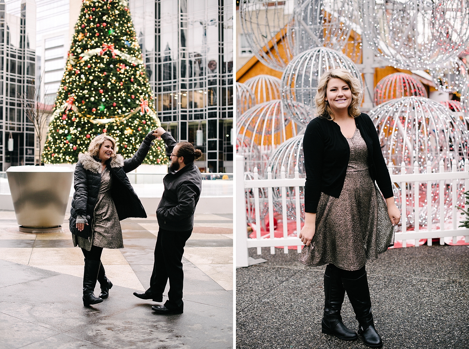 man wearing glasses and man bun twirling fiance by PPG ice rink and Christmas tree