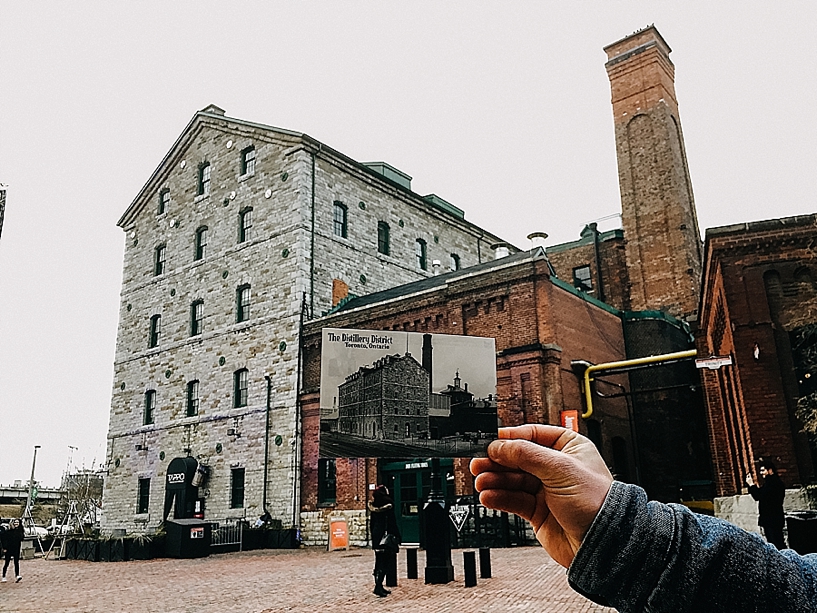 Distillery District of Toronto with old postcard