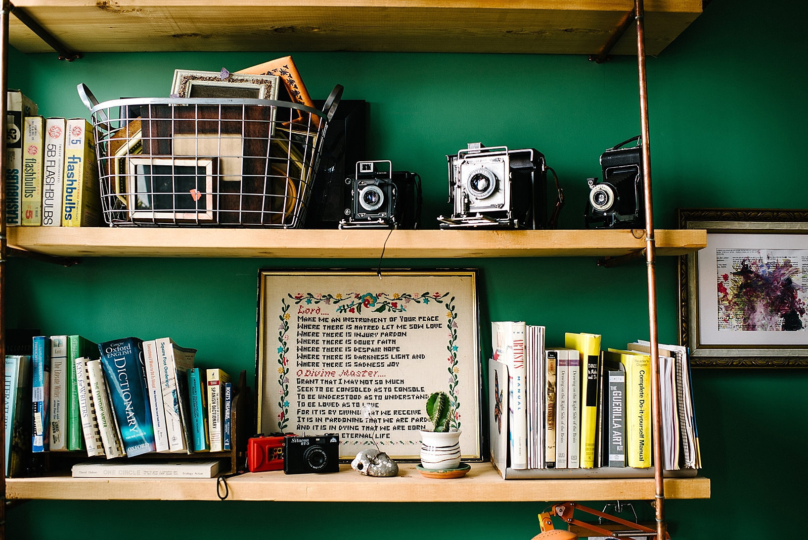 bookshelves in front of green wall with vintage cameras and books