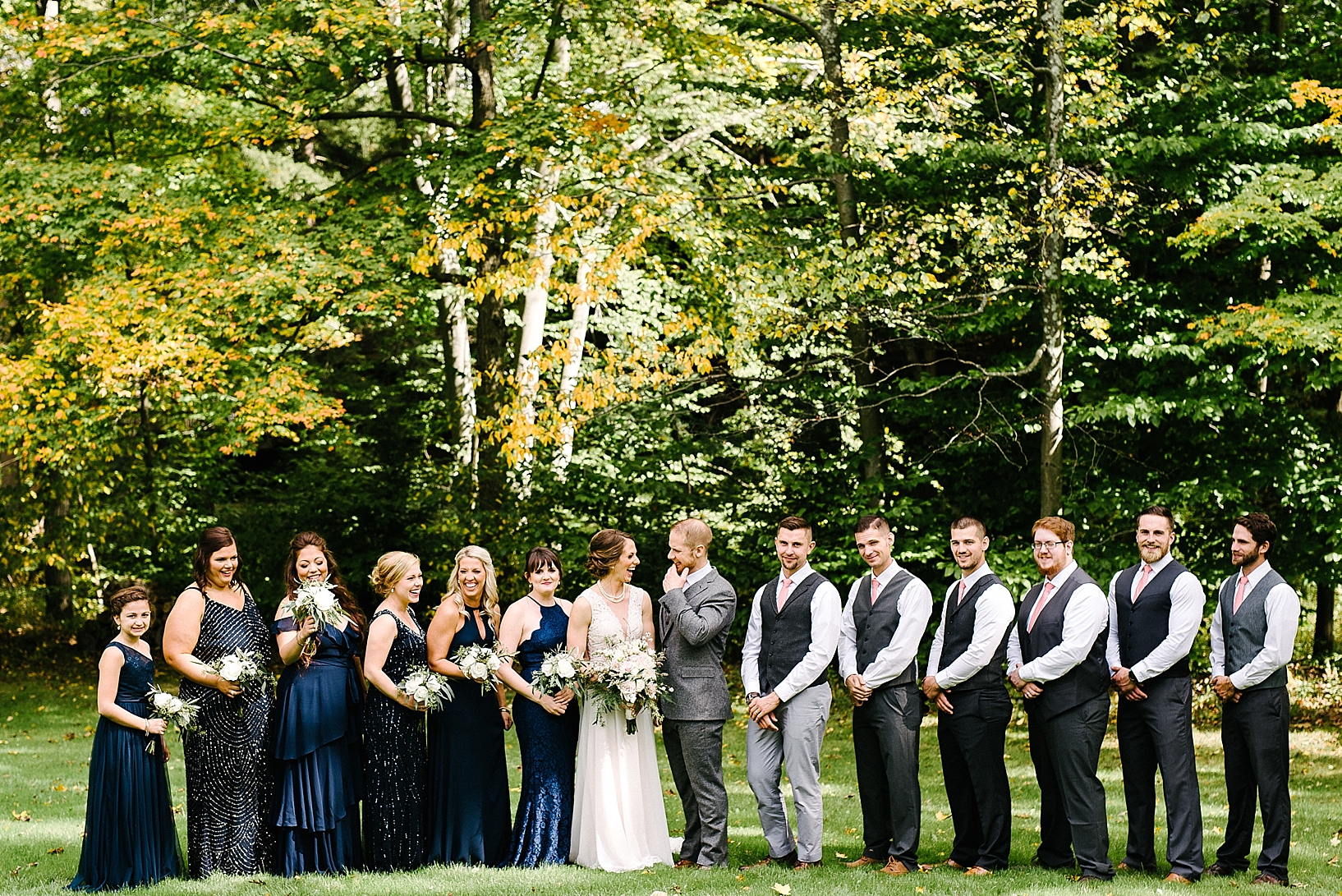 October wedding bridal party in navy and grey