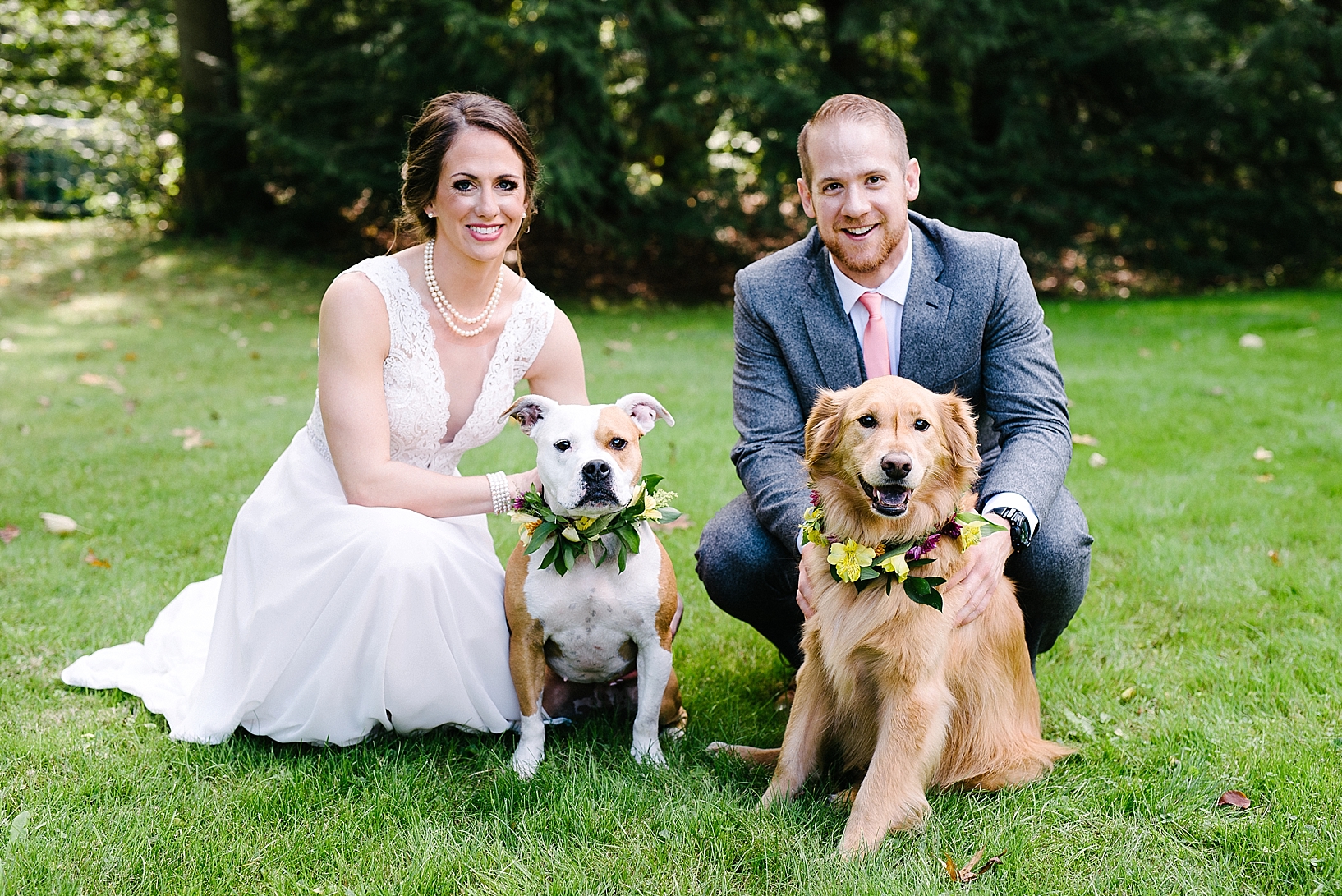 bride and groom kneeling next to their dogs wearing floral crowns
