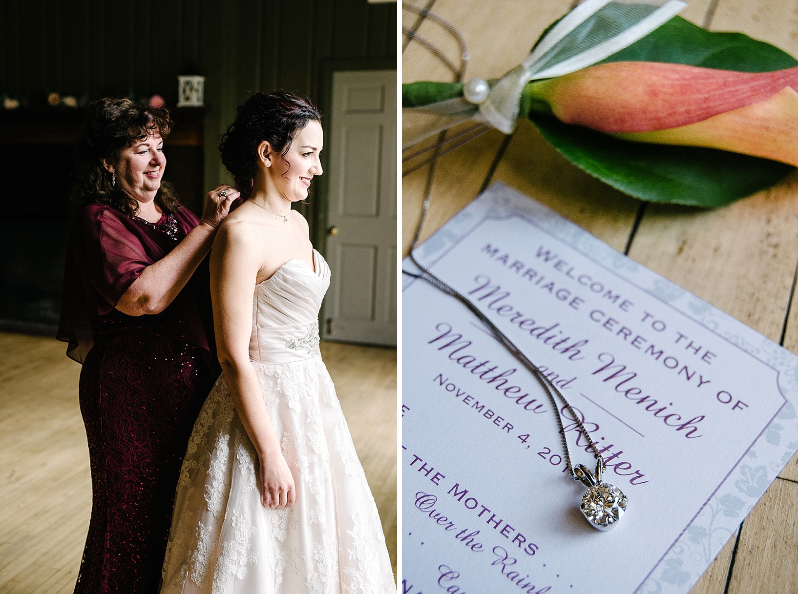 mother of the bride putting necklace on her daughter