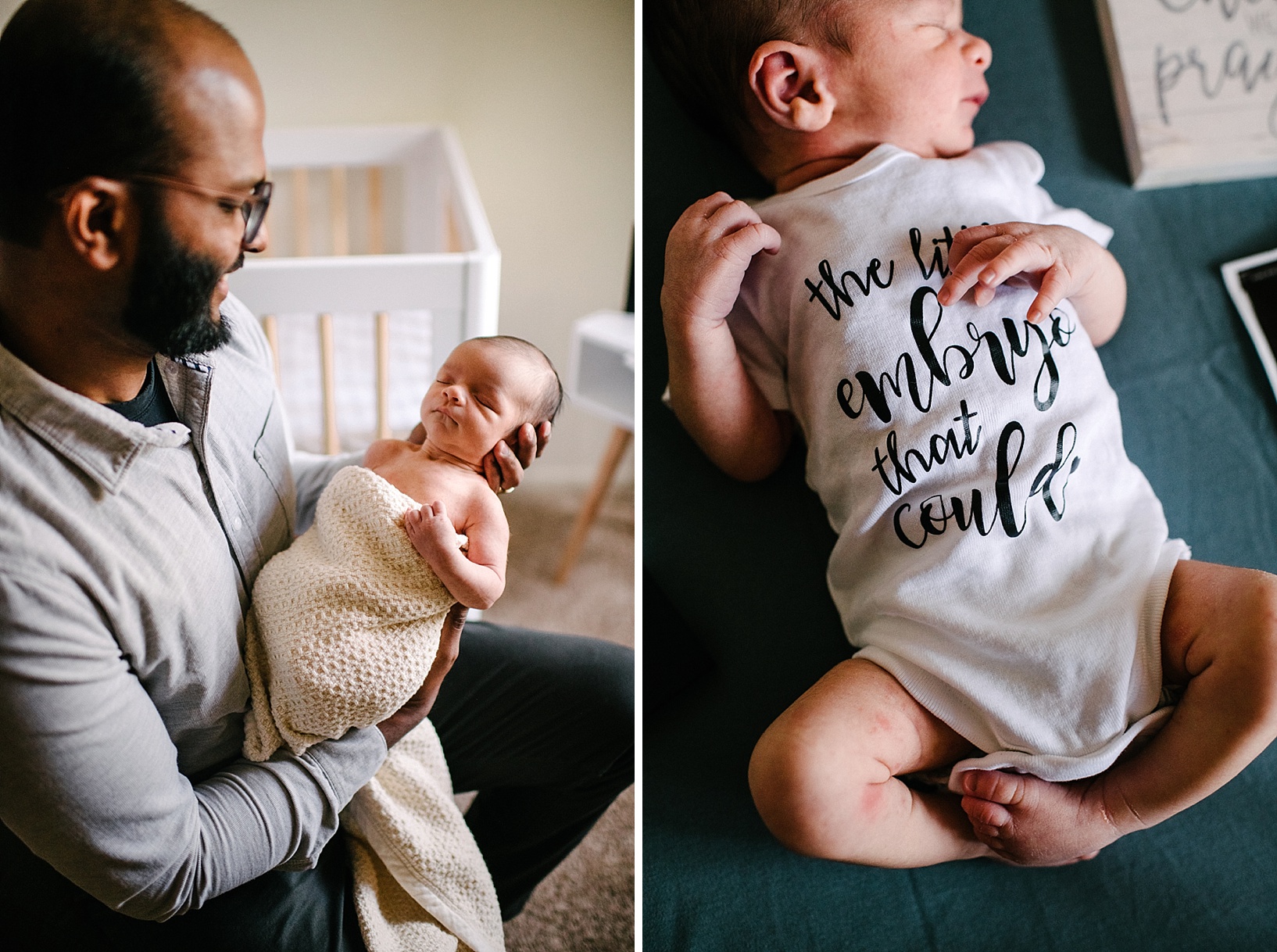 newborn baby wearing onesie that says the little embryo that could