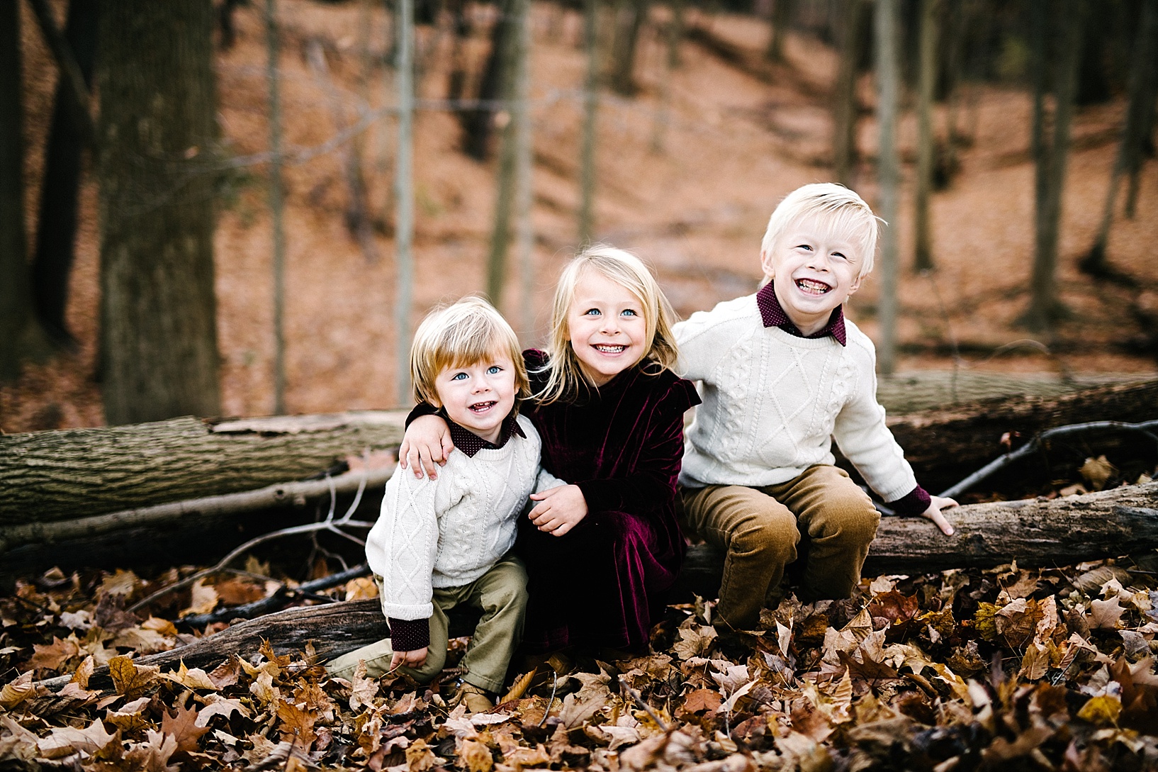 three siblings sitting on fallen tree in woods