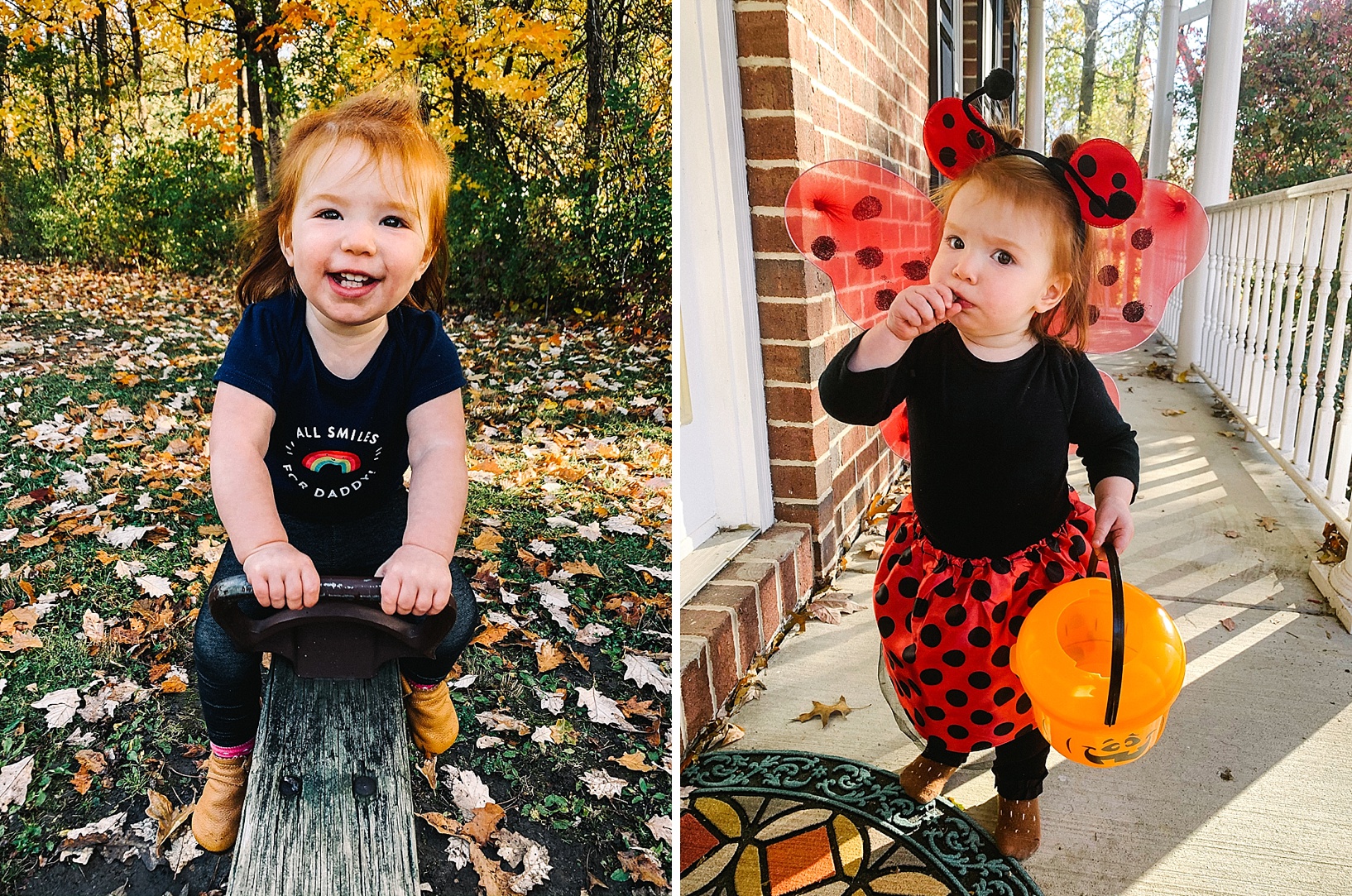 toddler dressed as a ladybug standing on front porch