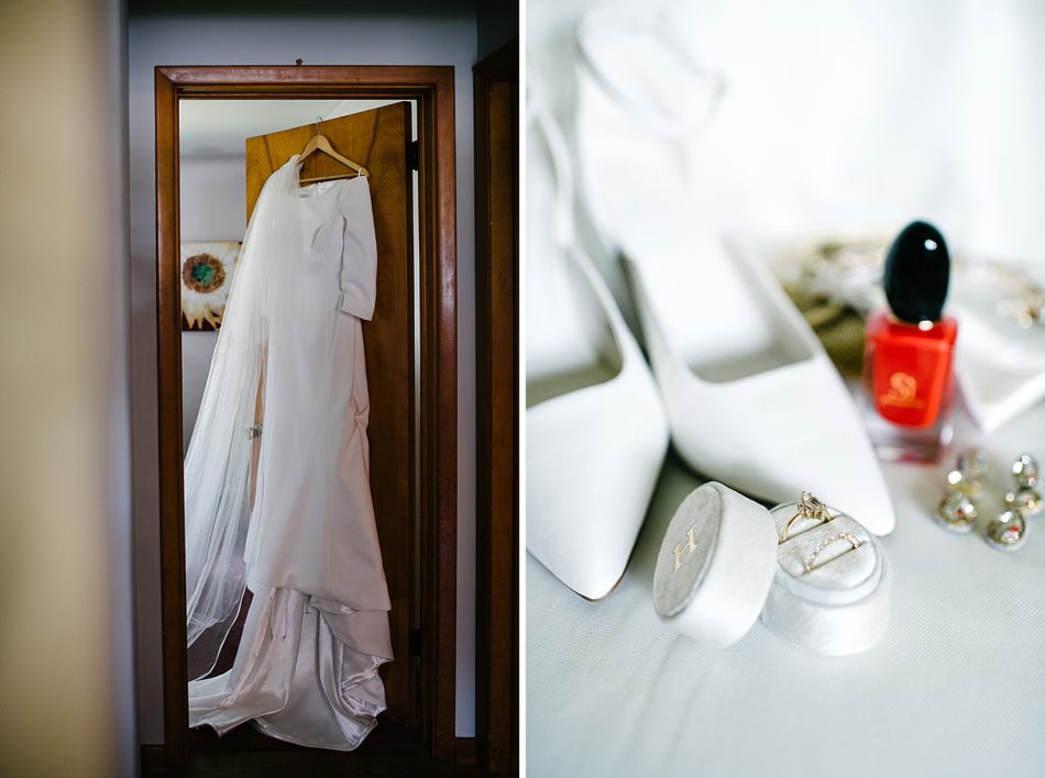 Bride's gowns, white heels, red nail polish, and the bride's wedding jewelry