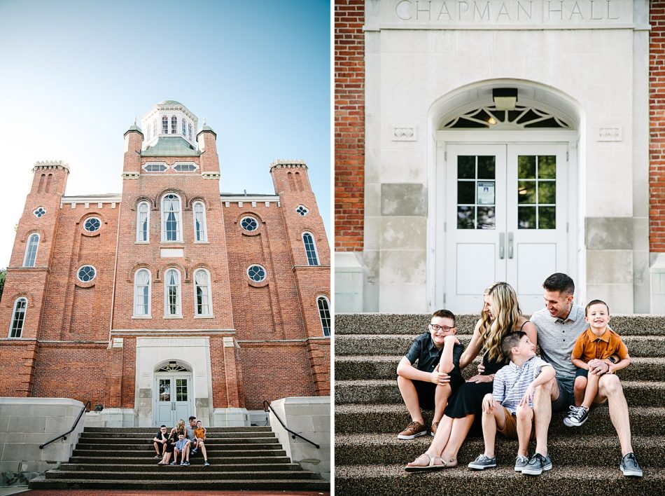 Family poses on the steps of a red brick building at Mount Union.