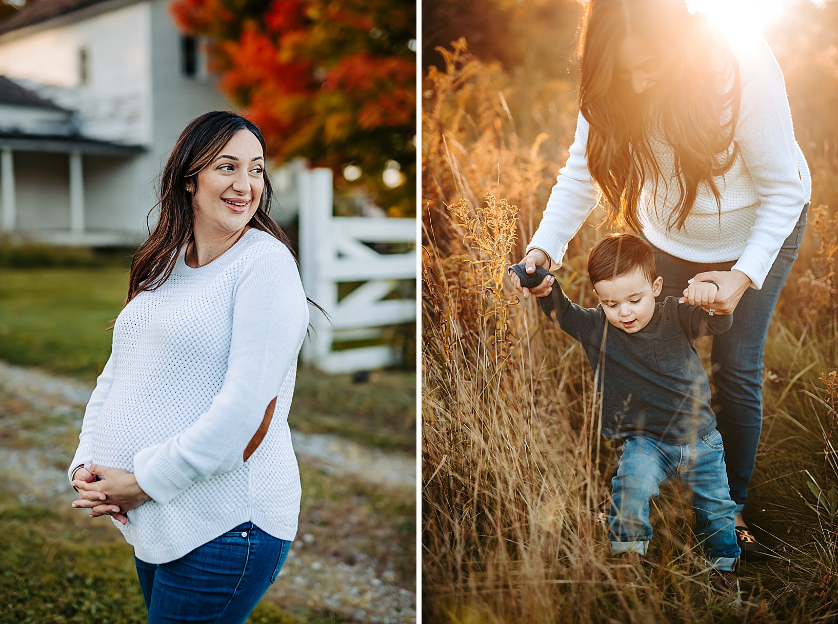 pregnant woman wearing white knit sweater hugging her belly standing in front of old farmhouse