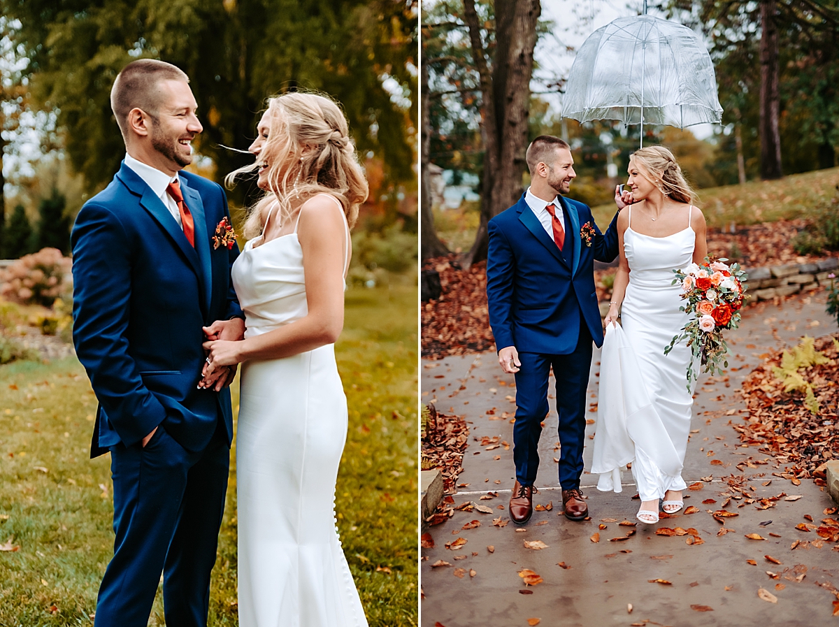 bride and groom laughing on rainy fall wedding day