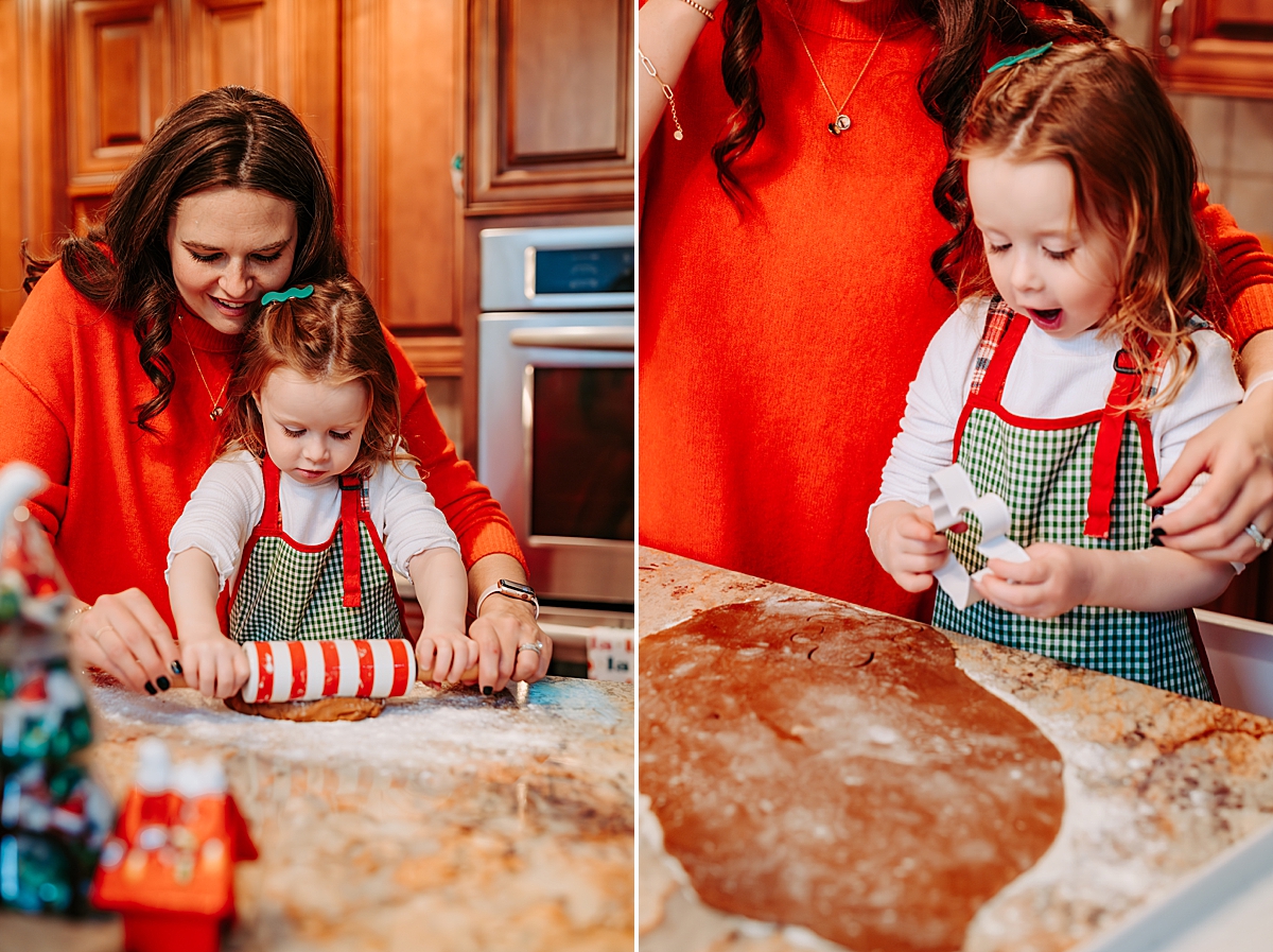 mom and young daughter rolling out gingerbread cookies