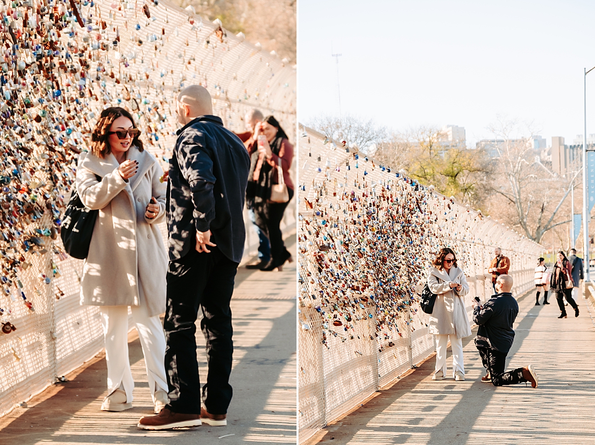 man pulling ring out of his pocket to propose to woman on the Schenley Bridge in Pittsburgh PA