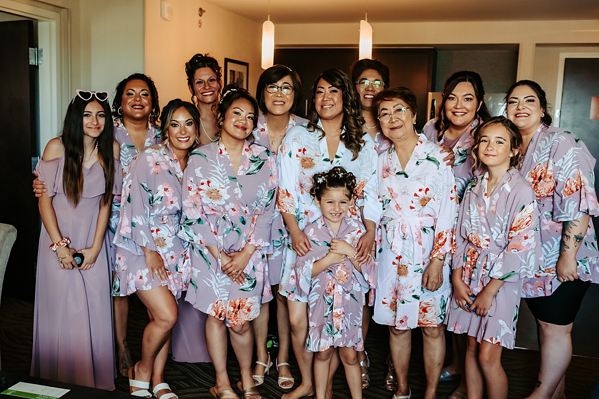 bride and bridesmaids in floral robes