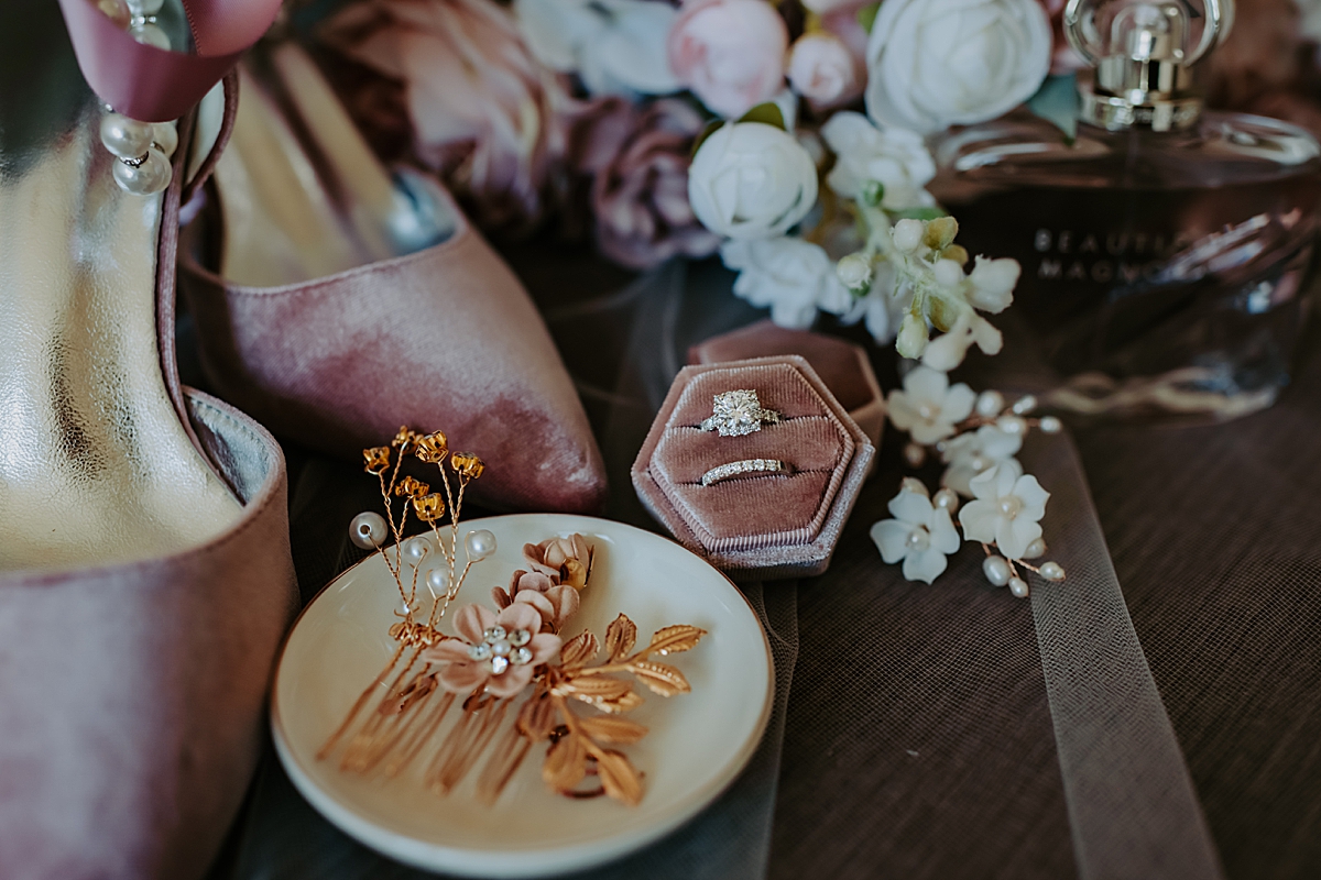 wedding rings in mauve velvet ring box