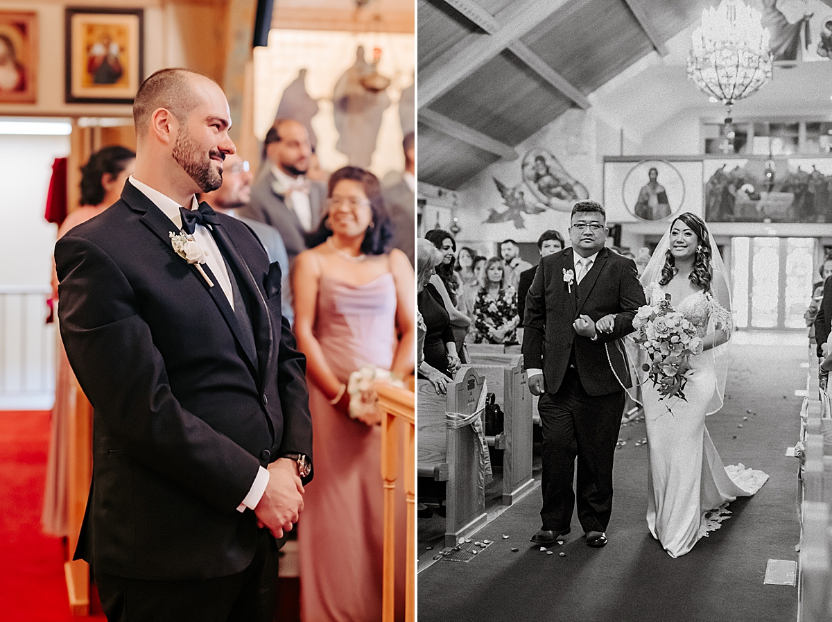 groom seeing bride for the first time walking down the aisle at Archangel Michael Greek Orthodox Church