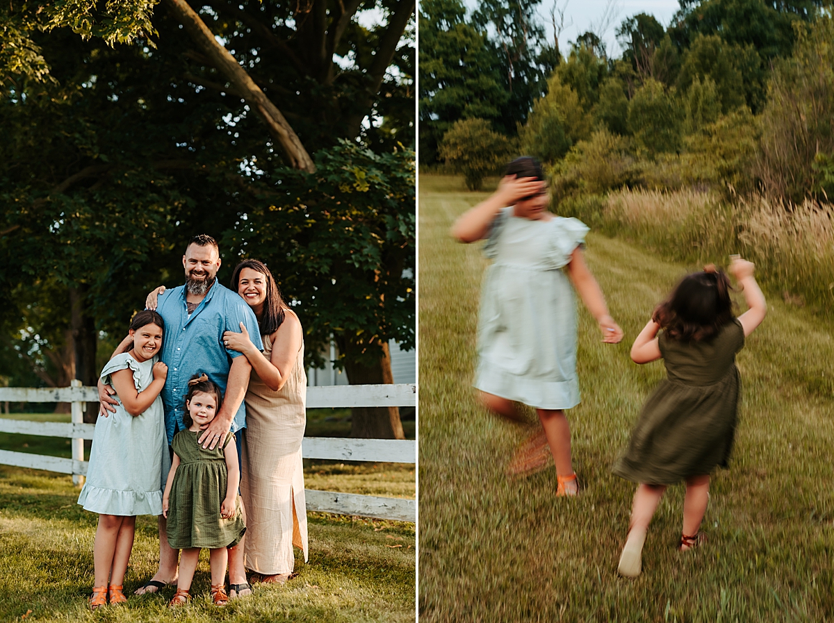 Left: A family of four smiling near a white fence and trees. Right: two children playing on a grassy path, with trees and tall grass in the background.