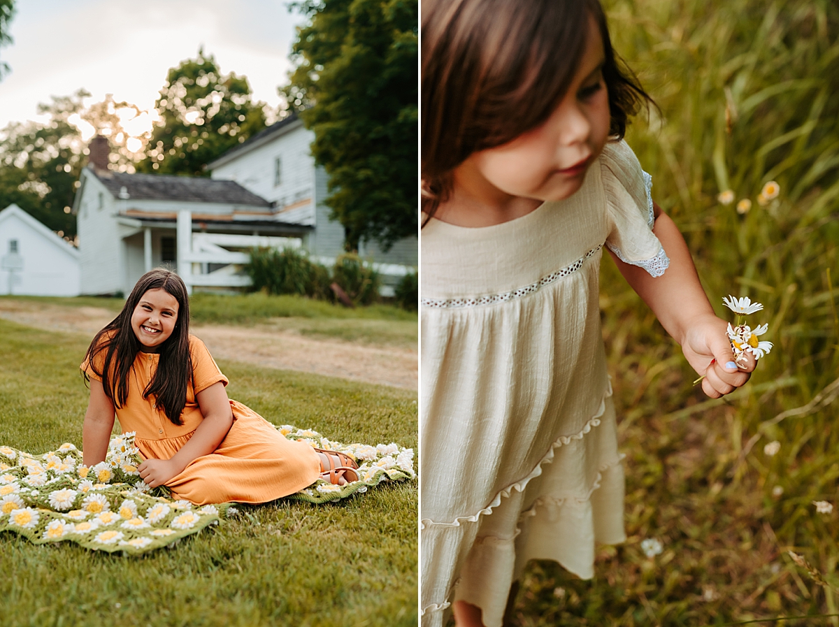 Left side: A young girl in an orange dress is sitting on a grassy field covered with daisies, smiling towards the camera. Right side: A young child holds a small bunch of daisies and wildflowers, standing in tall grass, focused on the flowers in her hand. 